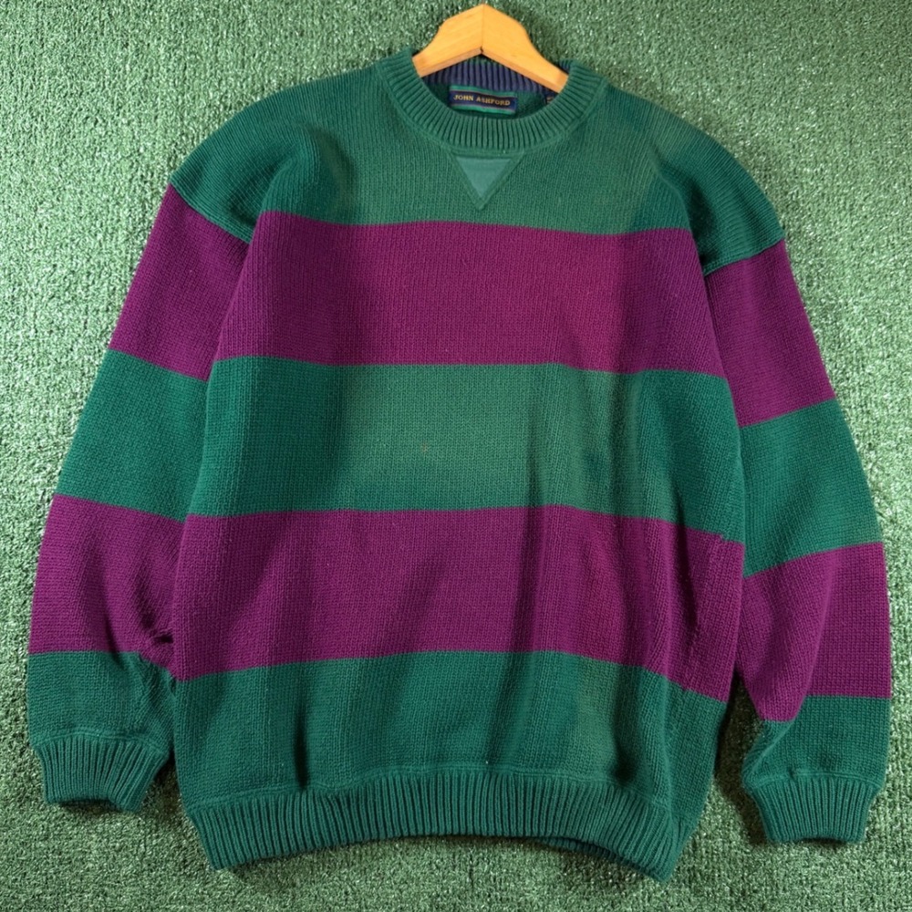 John Ashford Sweater Mens Medium Green Purple Good Striped Cotton Crewneck